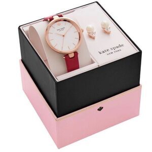 KATE SPADE Rose Gold Leather Strap Water Resistance Watch Pearl Earrings Set NWT
